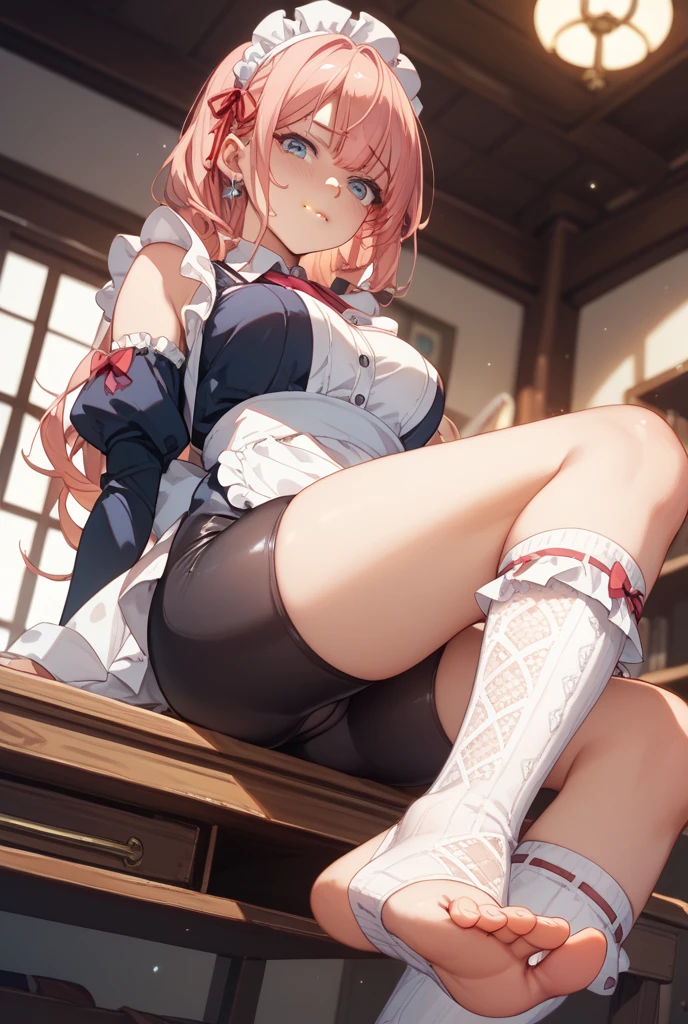 nsfw:1.4, full body, Finest, masterpiece, high definition, (full body), frontal, symmetrical, mature high school girl, solo, (full body from head to toe), small breasts, long hair, slightly messy hair, (black tights), ( (black pantyhose), black pantyhose, (composition where she is made to sit and lift her legs and make her legs open), composition showing white panties, slender beautiful legs, a very beautiful 17-year-old girl (not wearing shoes) legs), blushing, shy big eyes, messy hair, looking at camera, showing white panties, white frilly lingerie, high blazer, high White blouse, high with blue ribbon, high with short plaid pattern and navy pleated skirt
Realistic and detailed image of a girl dressed in an off-shoulder blouse and pleated mini skirt. She has long wavy pinkish red hair. Light blue eyes. She has earrings, long eyelashes. She has full lips, medium breasts, slim waist, very wide hips and thick thighs. breast view, panty view. Back arched. She is kneeling on a tatami mat with rays of the sun at sunset.