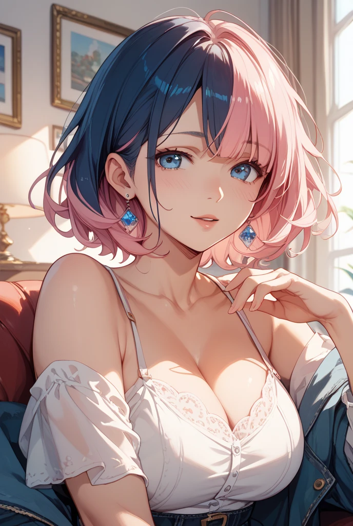 (extremely detailed CG unity 8k wallpaper),(masterpiece),(best quality),(ultra-detailed),(best illustration),(best shadow),(absurdres),<lora:OGT_Akari_Watanabe-v2:0.7> Akari Watanabe, 1girl, skirt, solo, pink hair, long hair, breasts, green eyes, hair bun, cleavage, shoulderless blouse, white socks, black boots, skirt, eye shadow, double bun, looking at viewer, full body, kneehighs, bangs, medium breasts, lip gloss, parted lips, jewelry, necklace, earrings, living room, viewers pov, laying down, laying down on couch, (detailed background)
