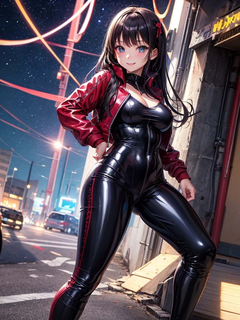 1girl, medium breasts, leotard, bare legs, tight belt, boots, gloves, city backdrop, solo, single, hands on hip, standing, full body shot, cowboy shot, superhero, beautiful detailed eyes, power, mature lady