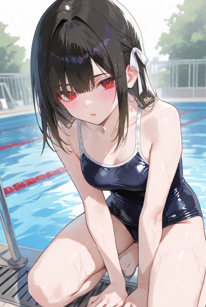 crawl on all fours、crawl on all fours、swimsuit、、Black Hair、Red ribbon、Red eyes、、Blushing、Small breasts、Small breasts、Black Bikini、lipstick、Perfect hands、Detailed hands、Poolサイド、Pool、one-piece swimsuit, strap slip、backwards、、backwards