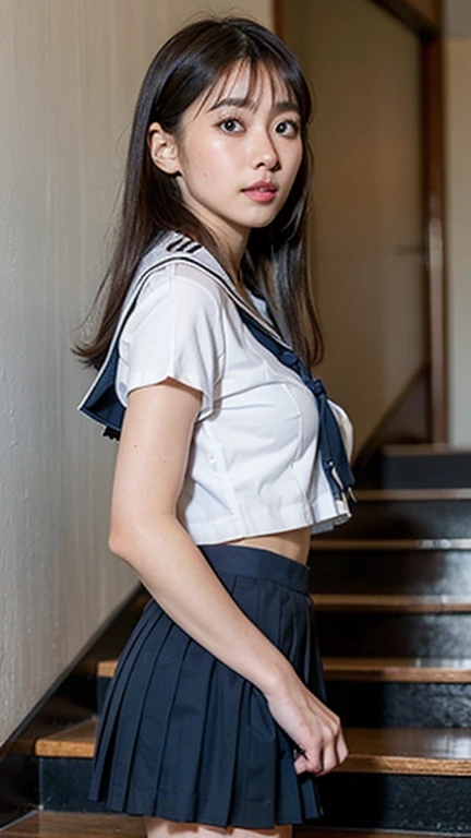(nsfw:1.9),(Highest quality:1.4), (super high quality), (Very detailedな), 1 beautiful girl, very cute, Great face and eyes, Not realizing this, (A short-sleeved sailor suit made of thin white fabric., Silver glitter pleated micro mini skirt:1.5), (Beautiful and incredibly large breasts:1.3), (Slender body:1.1), (Thin legs), (Very small waist), belly button, Realistic skin texture, bangs:1.3, Bright and shiny lips, A beautiful goddess descends, Beautiful background, Golden Ratio, Conceptual Art, Very detailed, Accurate, Advanced Details, Outdoor, Sexy Art, Surrounded by beautiful sunsets, Bright light, Ultra-detailed illustration details, 8K wallpapers incorporating high definition CG, RAW Photos, Professional photos, Cinema Lighting, Written boundary depth, (Uniform and no bra:1.2), (The shape of her nipples is visible through her uniform.:1.2), (Nipple protrusions push up the uniform), (Her big breasts stretch her uniform:1.2), Support your chest with your hands from below, Cropped tops, (High heels on bare feet)