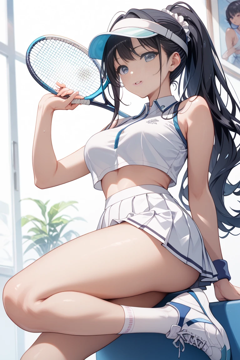 1girl, solo, tennis wear, white polo shirt, white sneakers, white miniskirt, masterpiece, best quality, realistic, hyper-detailed, slender, (shiny skin, sweaty:1.4), absurd, looking at viewer, short twintail, black hair, brown eyes, dynamic lighting, high resolution, sharp focus, depth of field, detailed eyes, sharp pupils, realistic pupils, (small breasts:1.3), (thick thighs:1.1), outdoor, sky