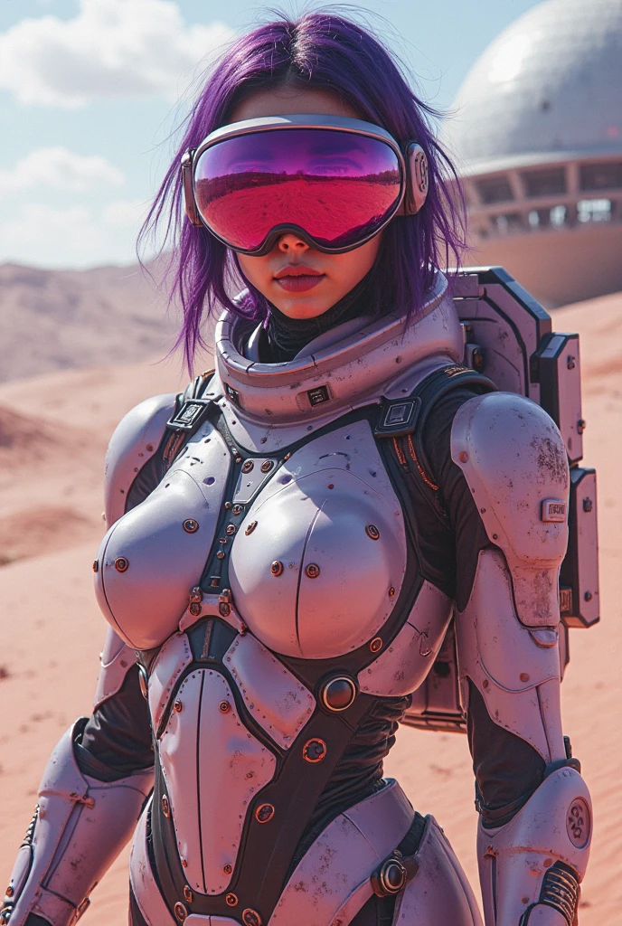 (best quality, masterpiece, high resolution: 1.2), raw photo, cyberpunk style, (cowboy shot), (1 cyborg girl), short multi-colored hair, athletic build, fit body, (mechanical body), (old rusty armor on the body ), dynamic pose, in the desert, looking at viewer, dynamic angle, sunlight shining through hair, (intricate details)