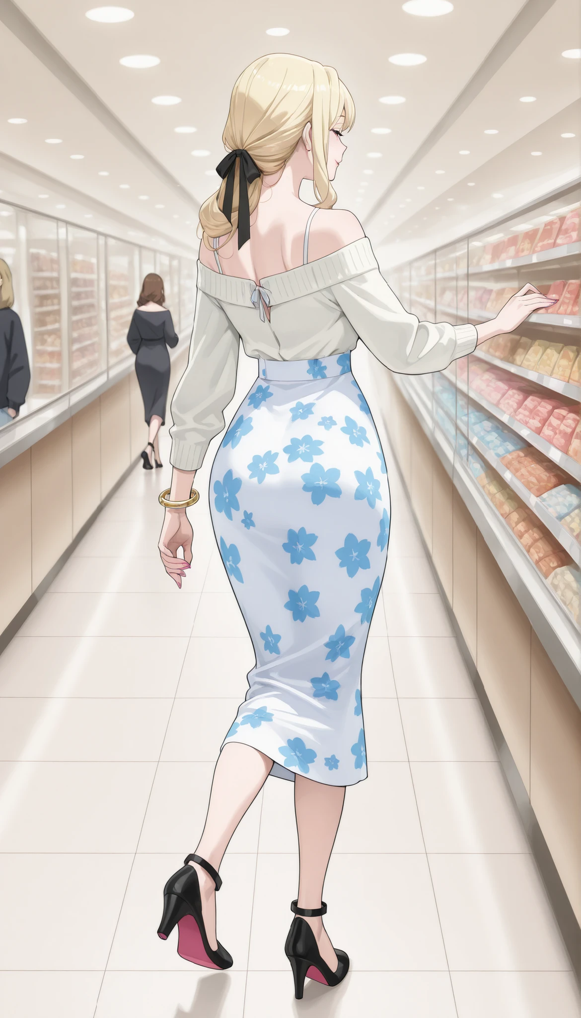 A mature, beautiful woman with blond hair, extremely fair white natural skin, pink nails, a small waist, and a perfect slim yet curvy body. She's only wearing a long sky-blue floral dress with spaghetti straps, a brown front-open sweater worn in an off-shoulder style, a hair ribbon on the back of her hair, bangles, and heels. She's standing with her back turned to the user, walking into a shop, one hand resting over the other hand, and is in a large mall. Show her full body from the back and super hyper-detailed.