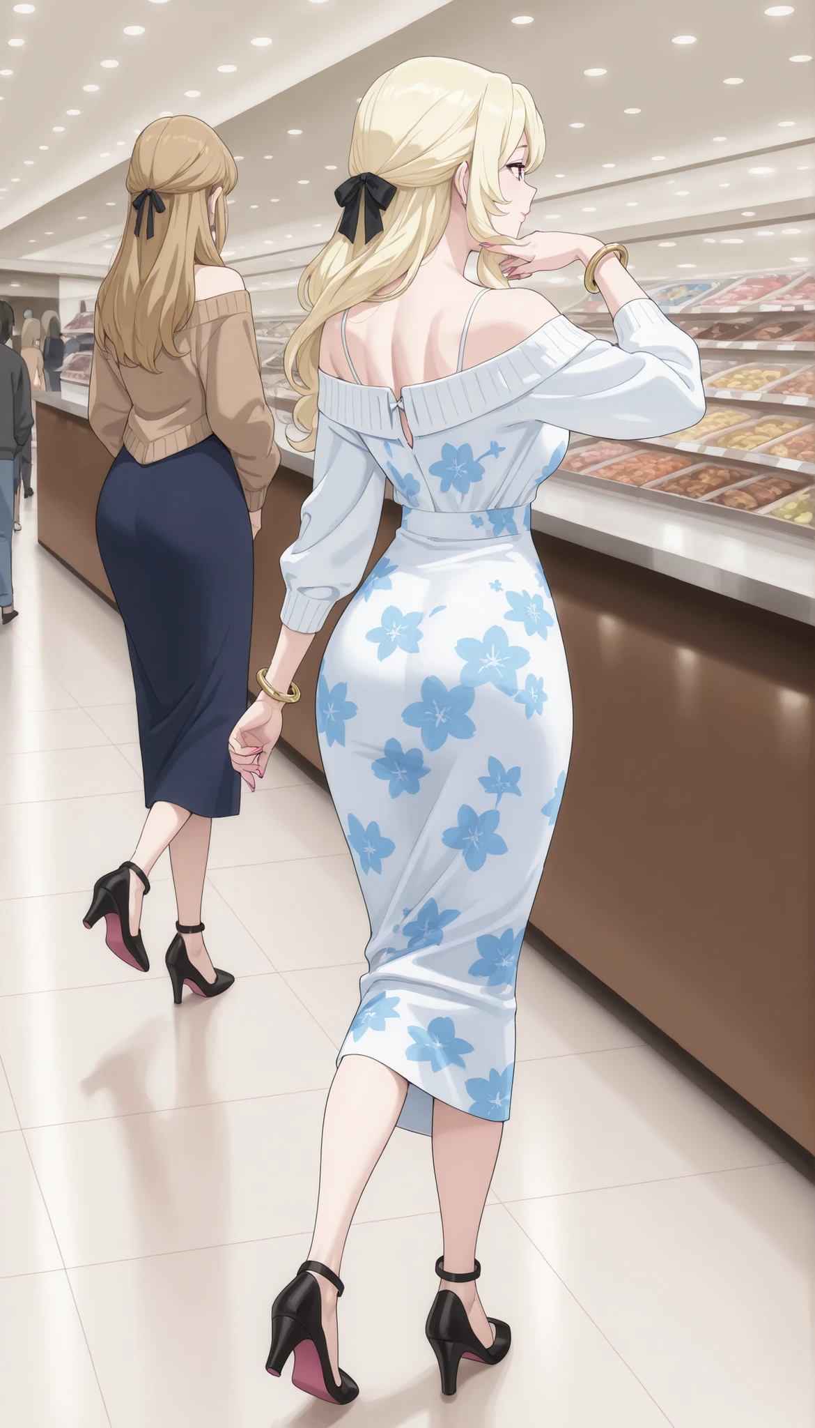 A mature, beautiful woman with blond hair, extremely fair white natural skin, pink nails, a small waist, and a perfect slim yet curvy body. She's only wearing a long sky-blue floral dress with spaghetti straps, a brown front-open sweater worn in an off-shoulder style, a hair ribbon on the back of her hair, bangles, and heels. She's standing with her back turned to the user, walking into a shop, one hand resting over the other hand, and is in a large mall. Show her full body from the back and super hyper-detailed.