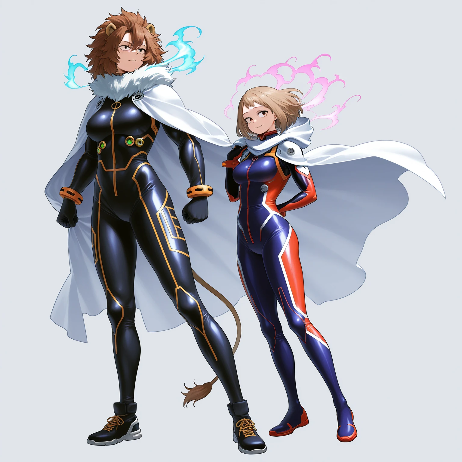((best quality)), ((masterpiece)), (detailed), 1 girl, full body, 20s, young adult, aviator glasses, evil smile, long white scarf, gremlin, yellow eyes, brown neck, somewhat short, very thin, hunched over, spikes on forearms, brown details, large brown gloves, orange wristbands, orange nanotech suit, light armor, orange breastplate with an emblem, high shoulder pads, orange suit with brown stripes, brown tiger stripes, triangle emblem on her chest, very small breasts, orange emblem, orange pants, orange knee pads, metallic orange boots, metallic orange shoes, brown superhero belt, standing on a building, city background, anime