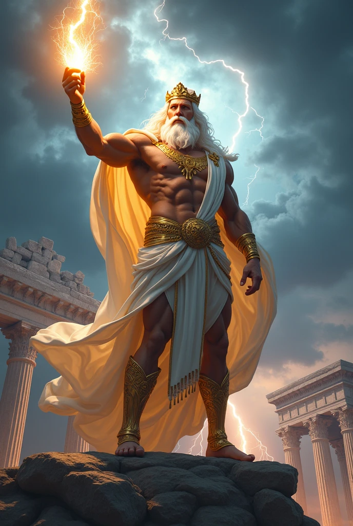 Magnificent image depicting Zeus, greek god々King of, In all its splendor. He sits on the heavenly throne, Holding lightning in your hands, With an impressive and majestic look. Around you, Charged clouds and lightning illuminate the scenery, Communicating the Divine Power of the Lord.