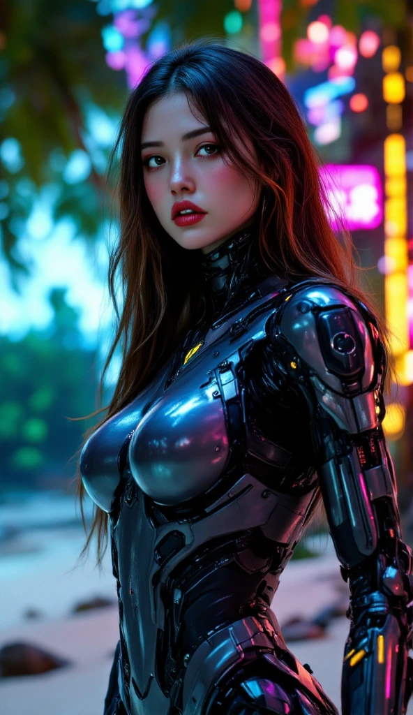 A beautiful female robot with large breasts, highly detailed, photorealistic, 4k, portrait, intricate mechanical details, shiny metallic skin, advanced artificial intelligence, dynamic pose, dramatic lighting, cinematic composition, vibrant color palette, hyper-realistic texture, seamless integration of organic and inorganic elements, mesmerizing gaze, delicate balance of power and grace, ethereal yet grounded in reality