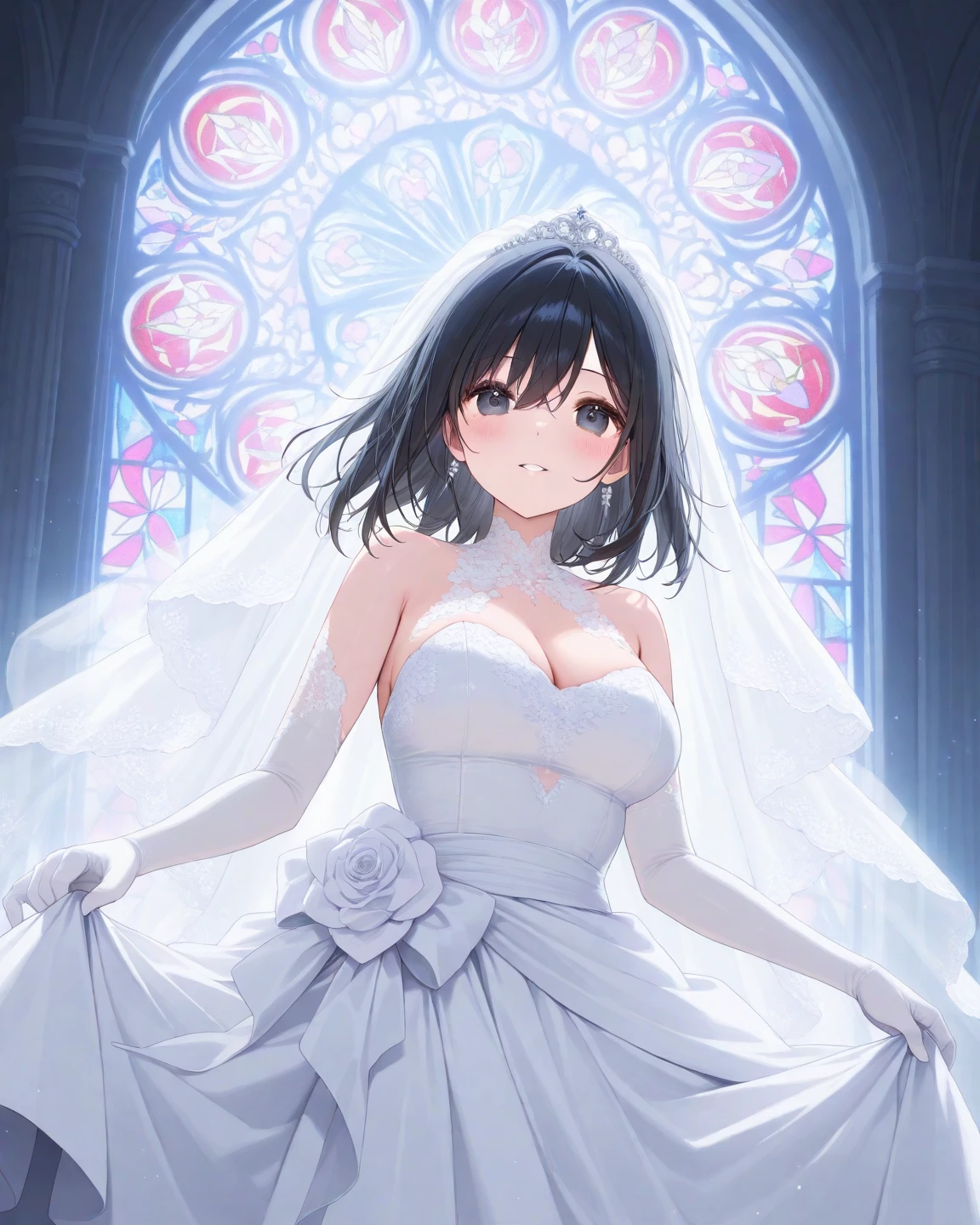(((High resolution:1.5))), (((Very detailedな:1.5))),BREAK, (((church:1.5)))、BREAK,((７Head to Body:1.3))、(((Beautiful and detailed eyes:1.3))), (((Very detailed))), (((Details face:1.5))), (((clavicle:1.5)))、(((Very delicate body:1.5)))、(((flat chest:1.4)))、(((Waist:1.3)))、(((thigh gap:0.4))),(((Black Hair:1.5)))、(((short hair:1.6))),(((Normal limbs)))、(boyish:1.5)))、(((乳head、sheer wedding dress:1.5)))、(((head:1.3)))、(((from front:1.1))),Anime-like、