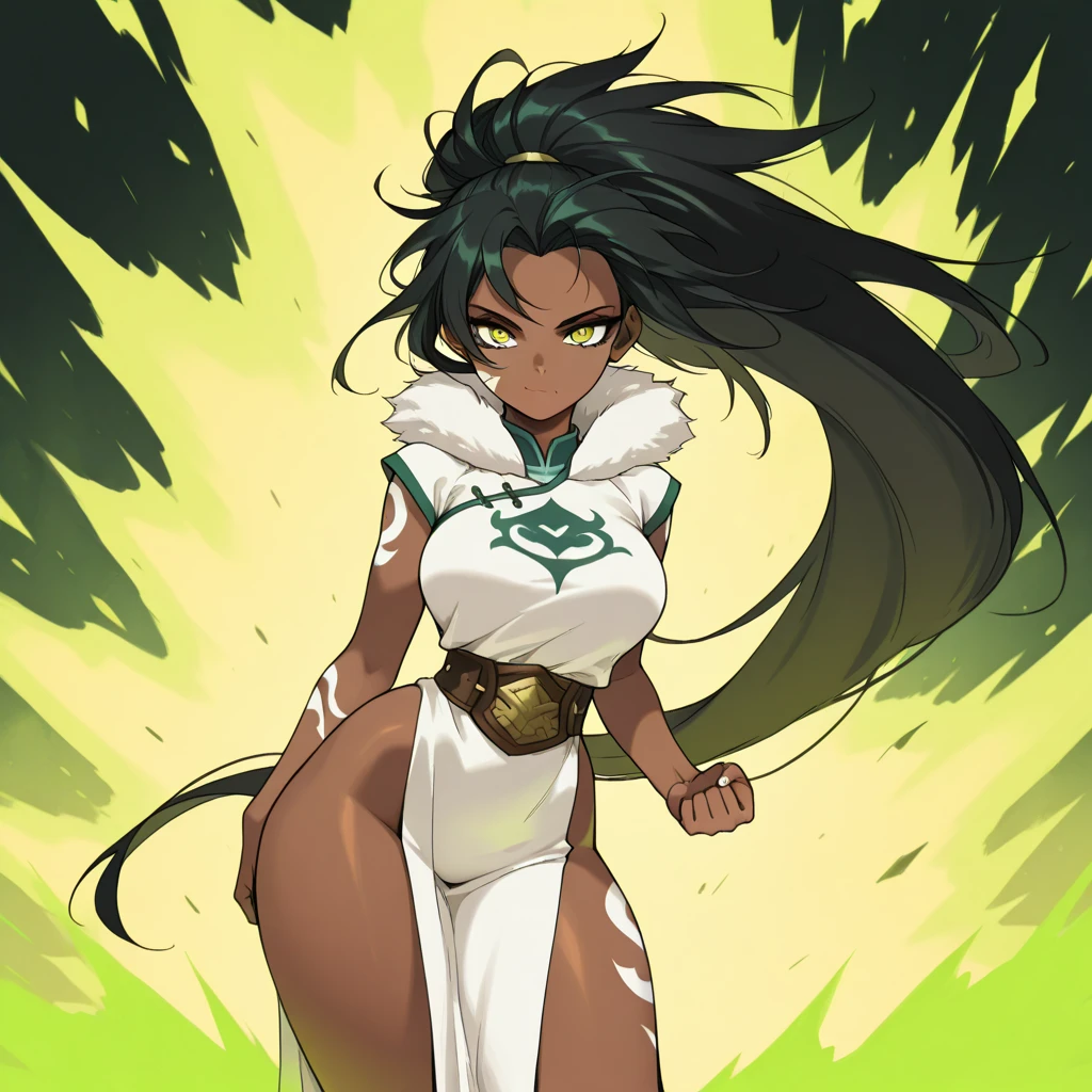 dark skin, messy hair, green hair, long hair, medium breasts, solo female, cowboy shot, greek tunic, crop top