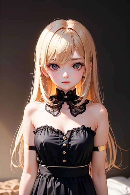 (best quality), 1girl, female, pale skin, (black hair), blonde ombre, medium hair, messy hair, hair over eyes, (brown eyes), perfect eyes, dark circles under eyes, skinny body, , flat chest, (gothic fashion), childish, masterpiece, anatomically correct, highres