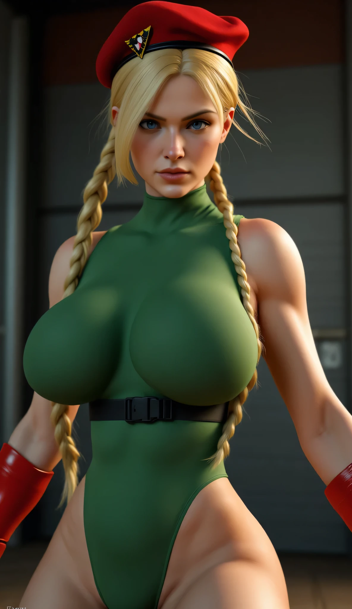 A hyper-realistic digital portrait of Cammy from Street Fighter, shown from the waist up. She is wearing her iconic green leotard and red beret. Her pose is powerful and confident, with a strong and athletic build. Her face shows intense anger — furrowed brows, narrowed piercing blue eyes, and a clenched jaw. Her long blonde braids fall over her shoulders, moving slightly with tension. The image does not show her hands. The lighting is dramatic and cinematic, highlighting her muscular definition, outfit texture, and facial expression. The background is dark and blurred, resembling a gritty street-fighting atmosphere. Style: ultra-realistic, high resolution, cinematic mood, lifelike skin and hair textures.