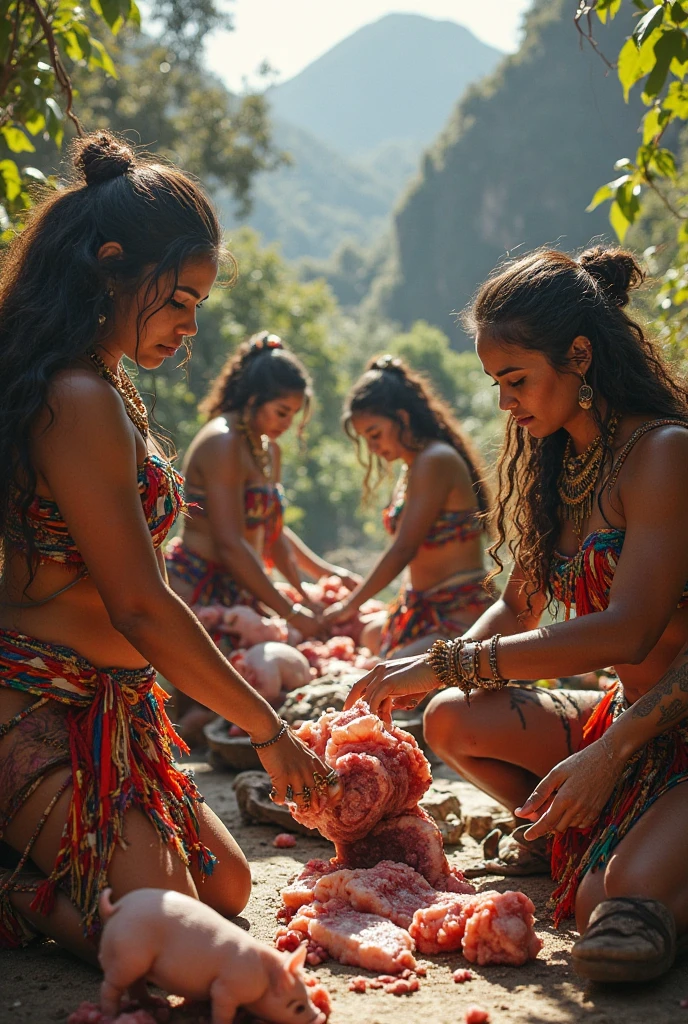 a fair-skinned woman with long straight light brown hair and another fair-skinned woman with shoulder-length wavy light brown hair, both Aztec and Mayan healers with equal importance in the ritual, in a forest around a campfire doing a cocoa ritual, one holding the cocoa fruit and the other a bowl over the fire, in the background people dancing and the cocoa fruit on the ground, convey depth