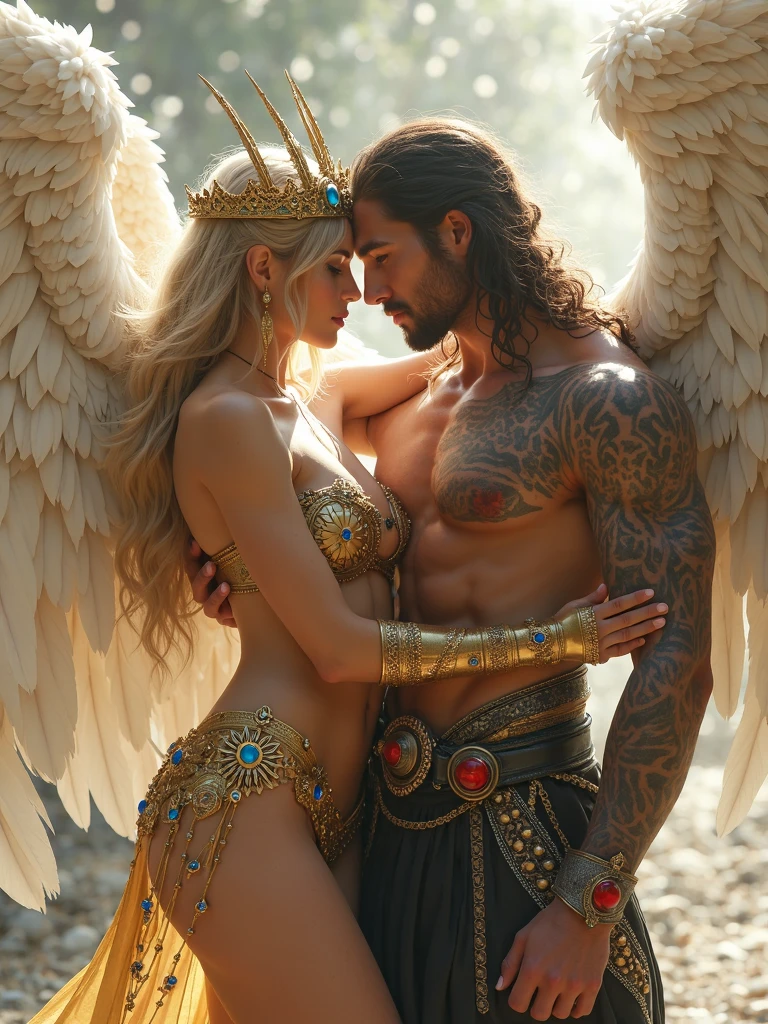 (couple cuddling) rough man Zeus muscles naked, beautiful, sexy, bare breast, cleavage, bare legs, see-through, standing, hanfu, wet, clear, realistic, supreme detail, Chinese mythology, dragon pattern, phoenix, sacred, holy, golden mountains, heavenly palace, countless palaces, clouds, golden light