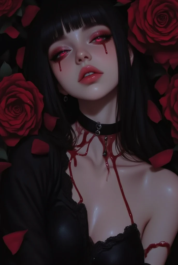 A beautiful black woman with long straight black hair touching the ground holding a bedazzled red heart with a crack with tears falling from her eyes