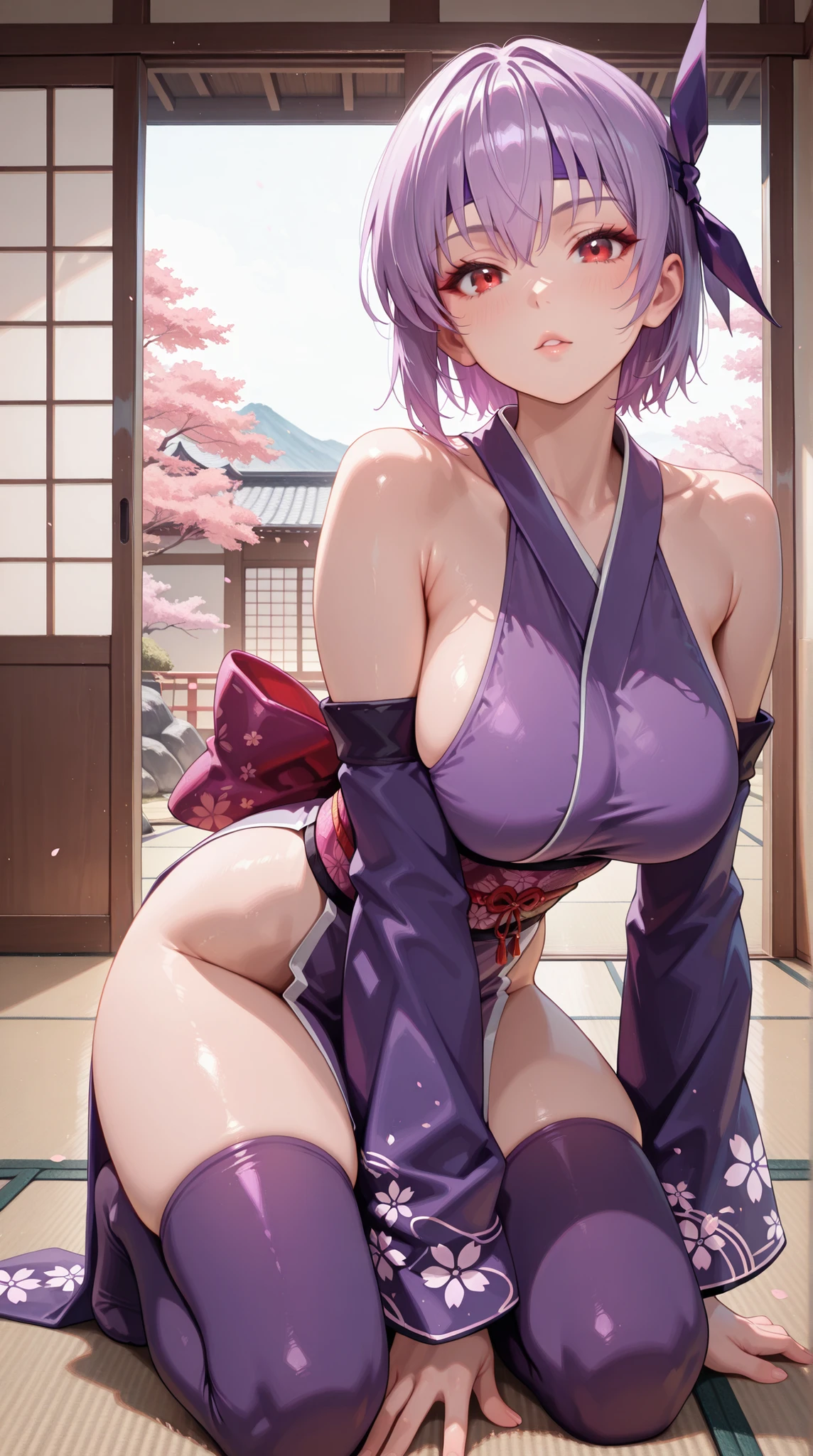 masterpiece, best quality, newest, absurdres, highres , masterpiece, best quality, newest, Ayane DOA, short hair, purple hair, purple headband, red eyes, japanese clothes, purple dress, detached sleeves, purple thighhighs, bow, large breasts, kneeling, sliding door, tatami, looking at viewer,