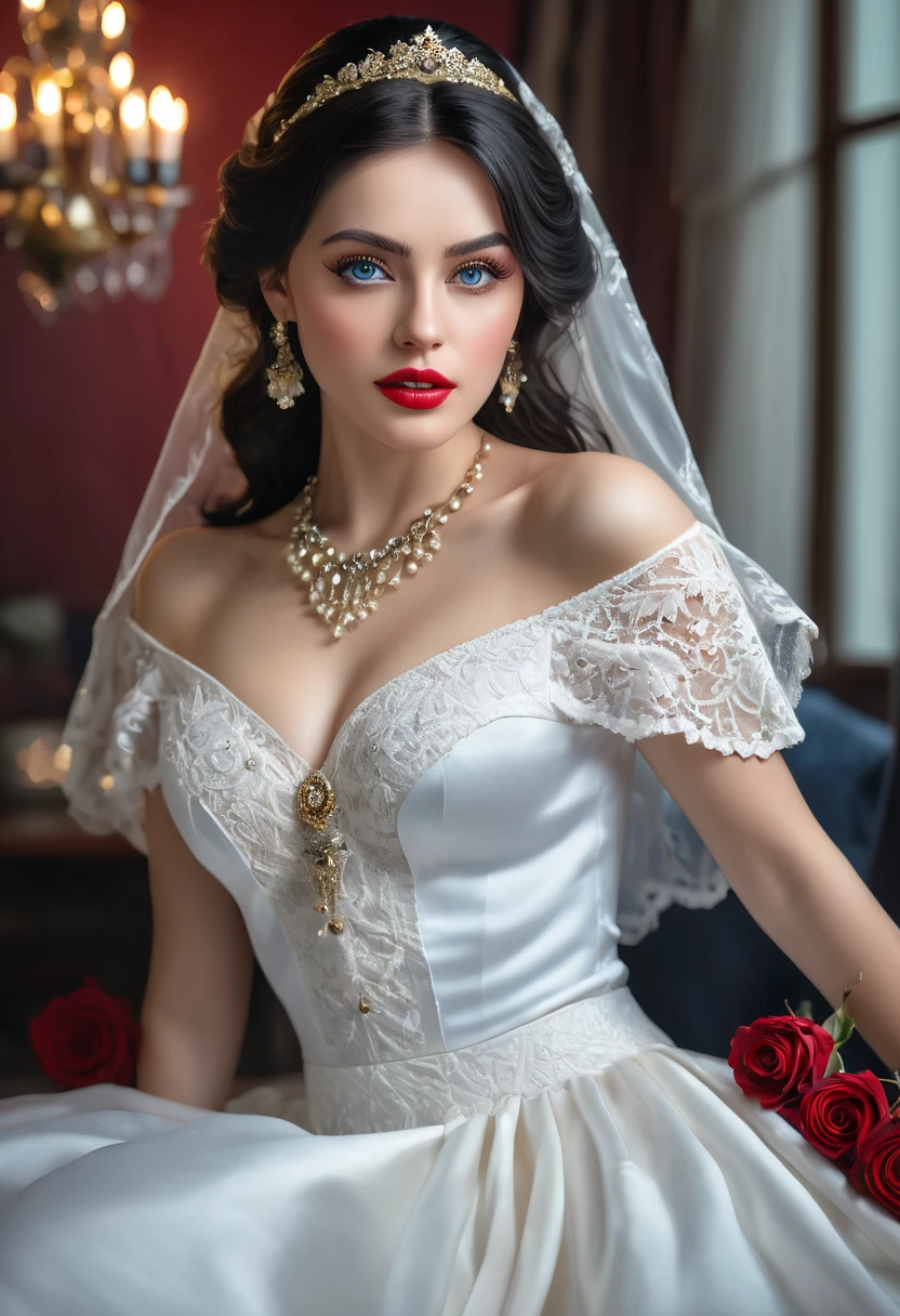 Haute résolution, chef-d'œuvre : 1.2), (Réaliste: 1.37) une vampire russe du XVIIIe siècle d'une beauté incomparable. Elle a des yeux rouges envoûtants et des lèvres roses douces. dents pointues, séparant les traits délicats du visage. Elle porte une belle robe en soie, ornée de dentelle complexe et de motifs de grande finesse, un décor sombre, un ciel d'orage.