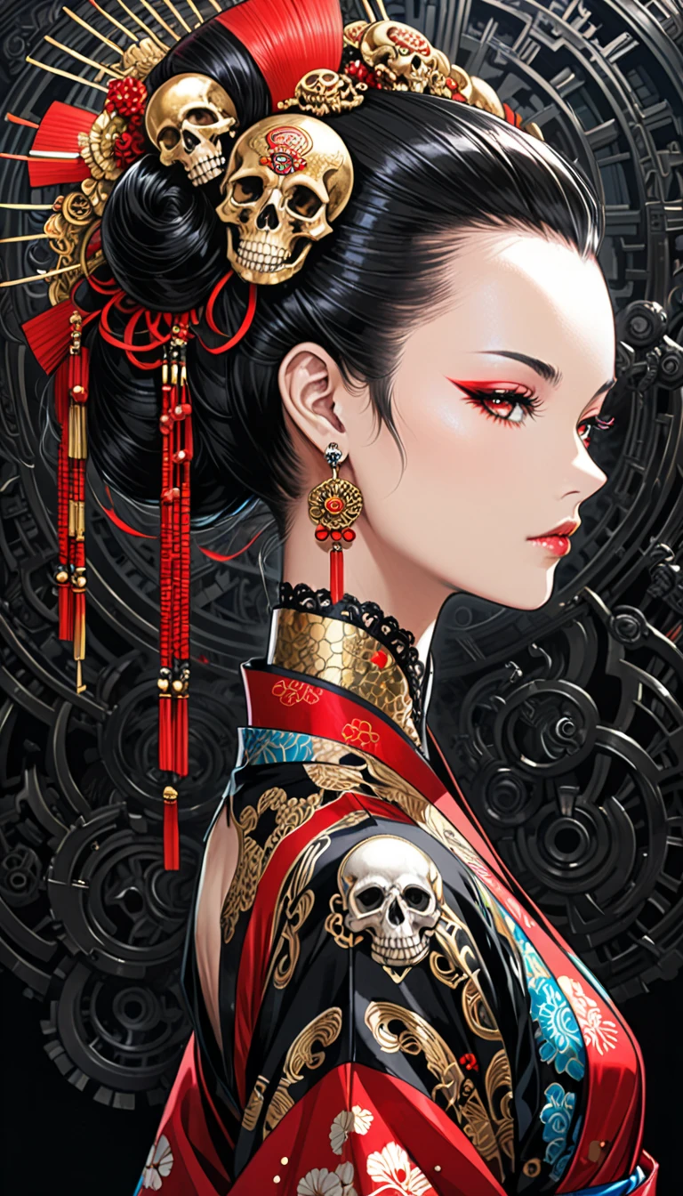 in style of Gary Grayson,in style of Aleksi Briclot,
1girl,japanese kimono,looking at viewer,black coiled hair,skull hair decoration,death gothic,red eyes,(head_tilt:1.4),(insanely detailed and intricate, hypermaximalist, elegant, ornate, hyper realistic, super detailed),(bangs_pinned_back:1.5),(bangs_pinned_back:1.5)