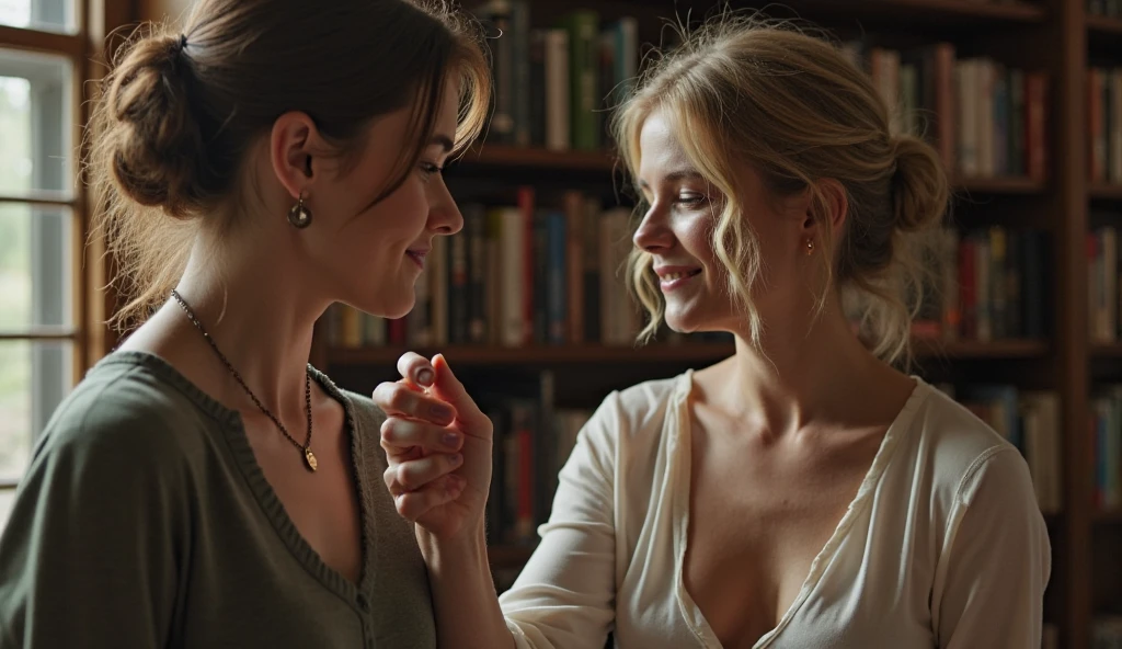 Charlize Theron with a platinum blonde undercut in an open white cybersuit, that reveals more than it hides, speaks to Emma Watson in a great hall at Hogwarts, who only wears a wide-open red wizard's robe, Charlize zeigt Emma ein altes Buch mit interessanten Verzierungen, sie sitzen auf schweren alten Sesseln