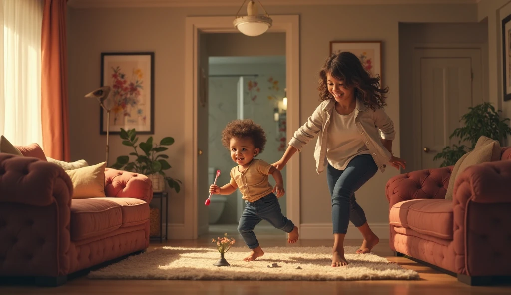 In a cozy living room filled with natural light streaming through the windows, illuminating the wooden floor, a young couple happily watches their baby take its first steps. The mother stands behind with a loving smile, while the father kneels in front, ready to catch the baby with open arms. Sunlight creates a warm glow on the wooden floor, and one of the interior walls is painted in a calming shade of green