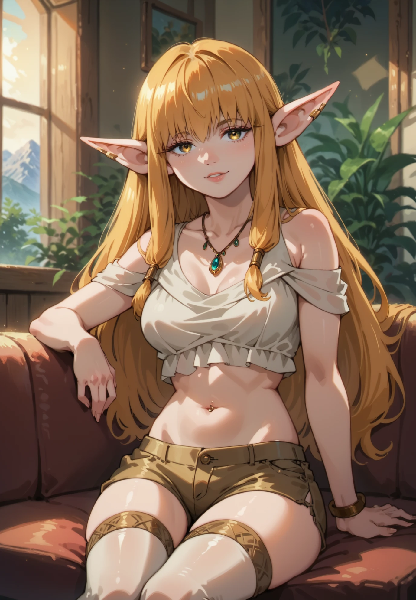 1girl, solo, Serie, Beyond Journey's End, elf, pointy ears with piercings, crop top, silk shorts, thigh highs, naturally sagging medium breasts, sitting on a couch, golden hair, golden eyes, sexy pose, alluring atmosphere, mountain cabin, night time, beautiful lighting and shadows,