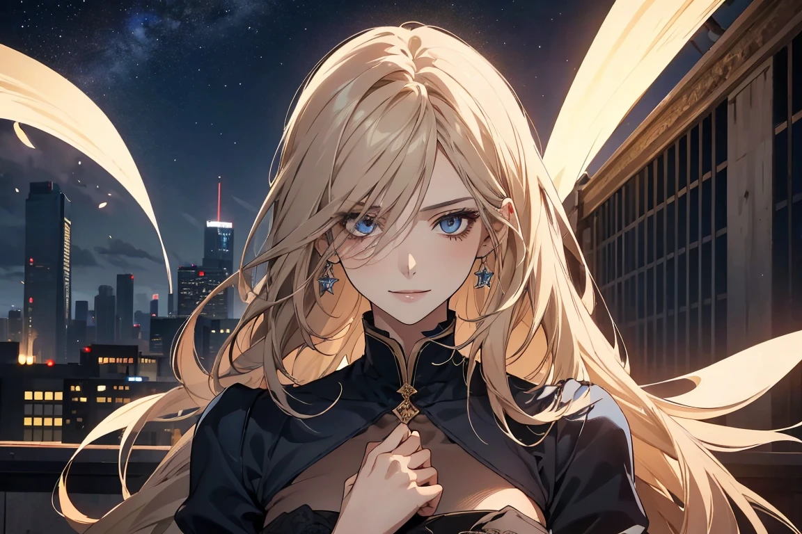 (masterpiece:1.5),(Beat quality),(high res),1girl solo,beautiful face,smile(shining eyes),upper body,light effects,Woman in plain clothes,Beautiful night sky