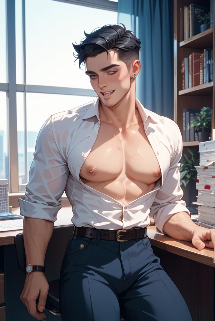 1 boy,Handsome，tall and strong,perfect male figure, eyes looking at camera, ((tanned skin)),office，attractive，black hair,serious expression,Ray tracing