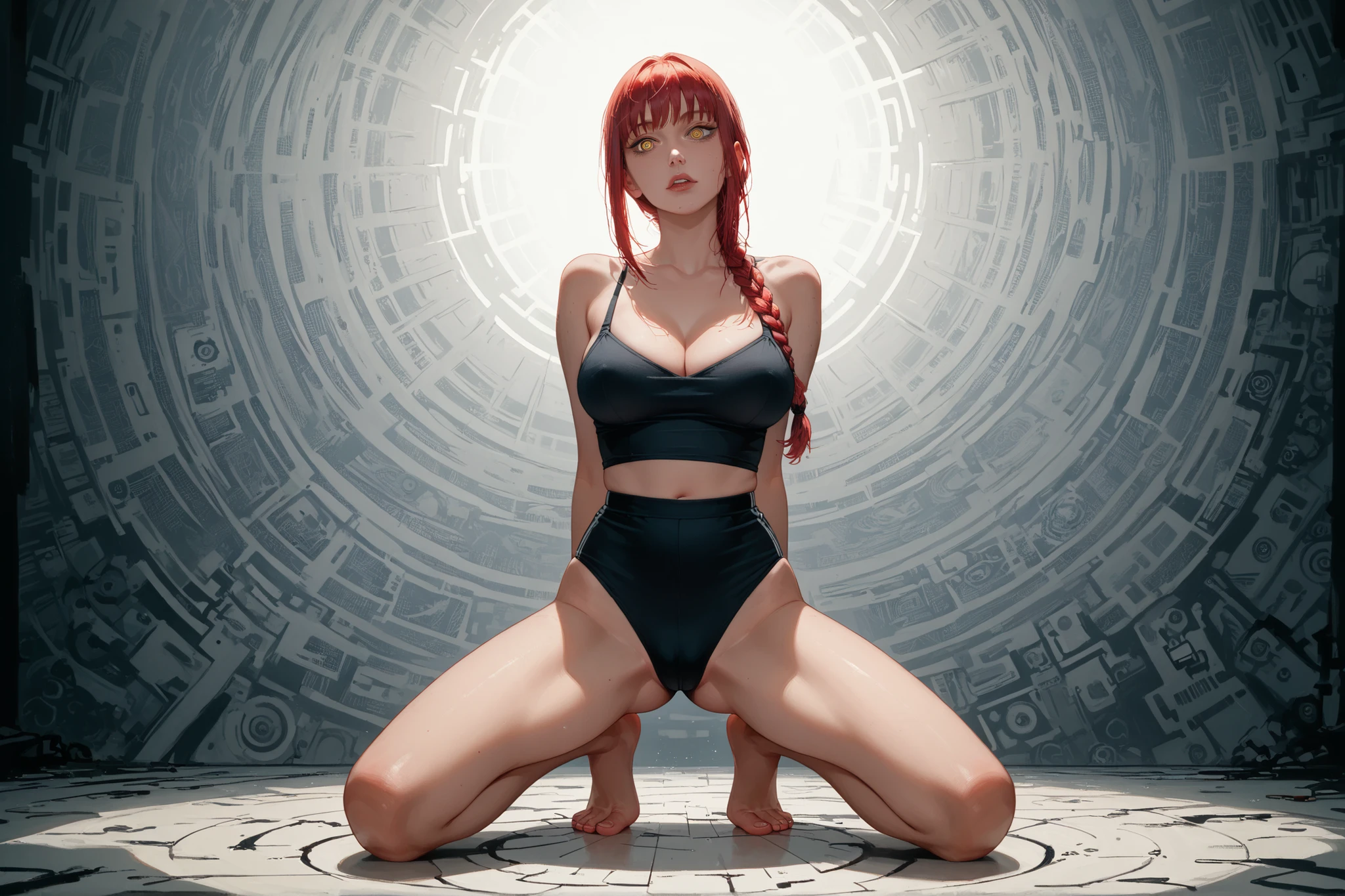 score_9 , score_8_up , score_7_up , score_6_up , 1girl . greyscale , adult woman , large breast , thicc thighs , long legs , Makima , chainsaw man , red hair with single braid , yellow eyess , manga style , anime aesthetic , expressive faces , bold outlines , detailed background , dynamic pose , seinen style , cross hatching , high resolution , high quality , ultra detailed , super defined , sharp focus , crisp lines , ultra realistic , perfect lighting , perfect composition , perfect proportions , perfect perspective , perfect mood , shaded with crosshatching , crosshatching details , crosshatching technique