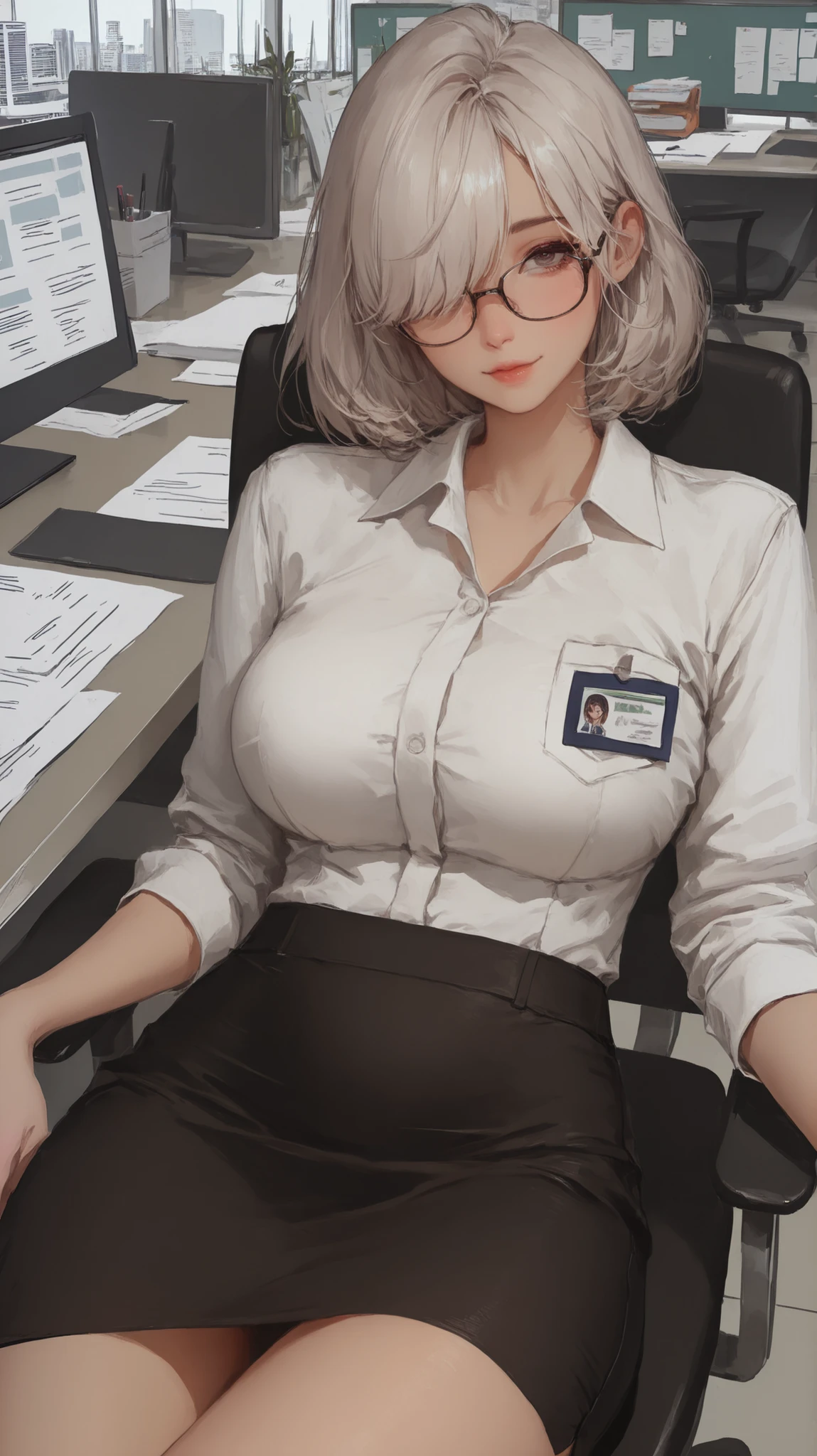 female, cute, sweet, inside, office, workplace, desk chair, tight lowcut skirt, office shirt, name badge on shirt, glasses, bangs over one eye, , close up, large breasts,