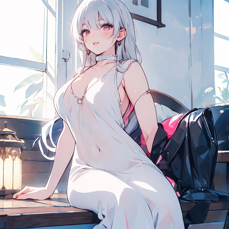 (girl)(white short hair)(red eyes)(eatting dinner)4K