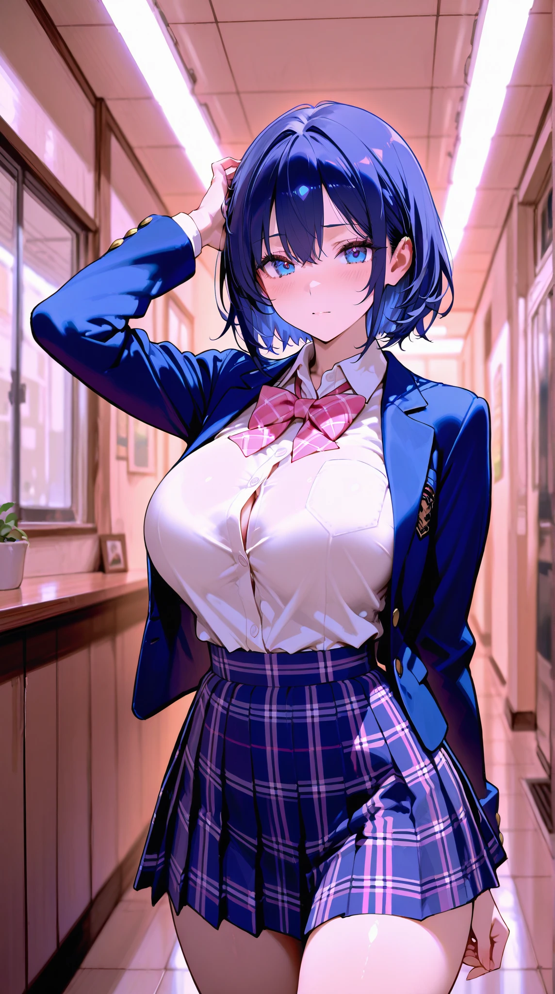 michirutojo, masterpiece, Looking at Viewer,
blue hair, large breasts,
Glasses,
blazer, school uniform,
Wink, Smile, Open mouth, blush,