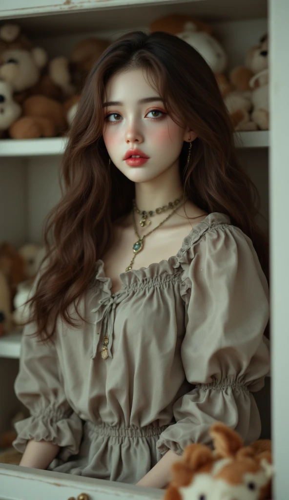 Beautiful girl doll, Articulated doll, Well-maintained, full body photo, 선반 위에 놓인 다양한 Beautiful girl doll들, delicate facial expression, Sophisticated joints, Carefully managed condition, Well organized on a shelf, high resolution,4K,hyperrealistic,Detailed, professional-level depiction,Faded antique texture,soft lighting,Natural Poses,Attractive expressions of girls,Meticulously detailed details,Realistic and vibrant texture,soft lighting으로 묘사된 아름다운 색감,Visuals like a real photo,정성스럽게 관리된 Beautiful girl doll들의 모습