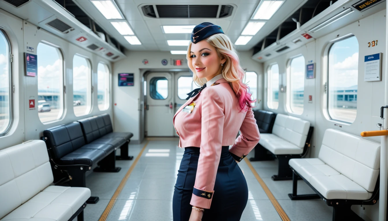 ((Best quality,8K,tmasterpiece:1.4)), Pink hair,Long braid on one side, Planes,Blue flight attendant uniform,Blue flight attendant hat, Delicate solid red bow tie,Black smooth skinny mini exy ,perfect body figure,Glossy glossy skin,Green eyes