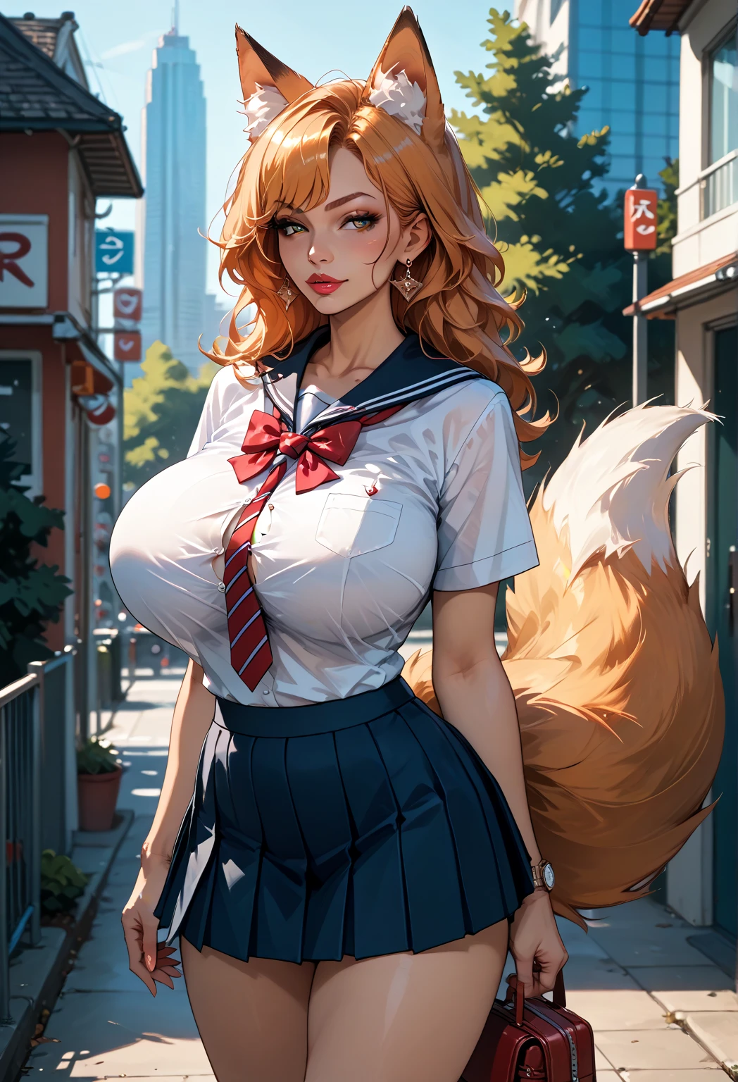 Absolutely beautiful fox charmer, perfect slim body, mature, yellow hair, large curly hair, college uniform, sexy and seductive, beautiful face, full body portrait, standing pose, 4K picture quality, big body, feminine expression, blush shyness, outrageous bust, deep eyes, huge breasts, short skirt