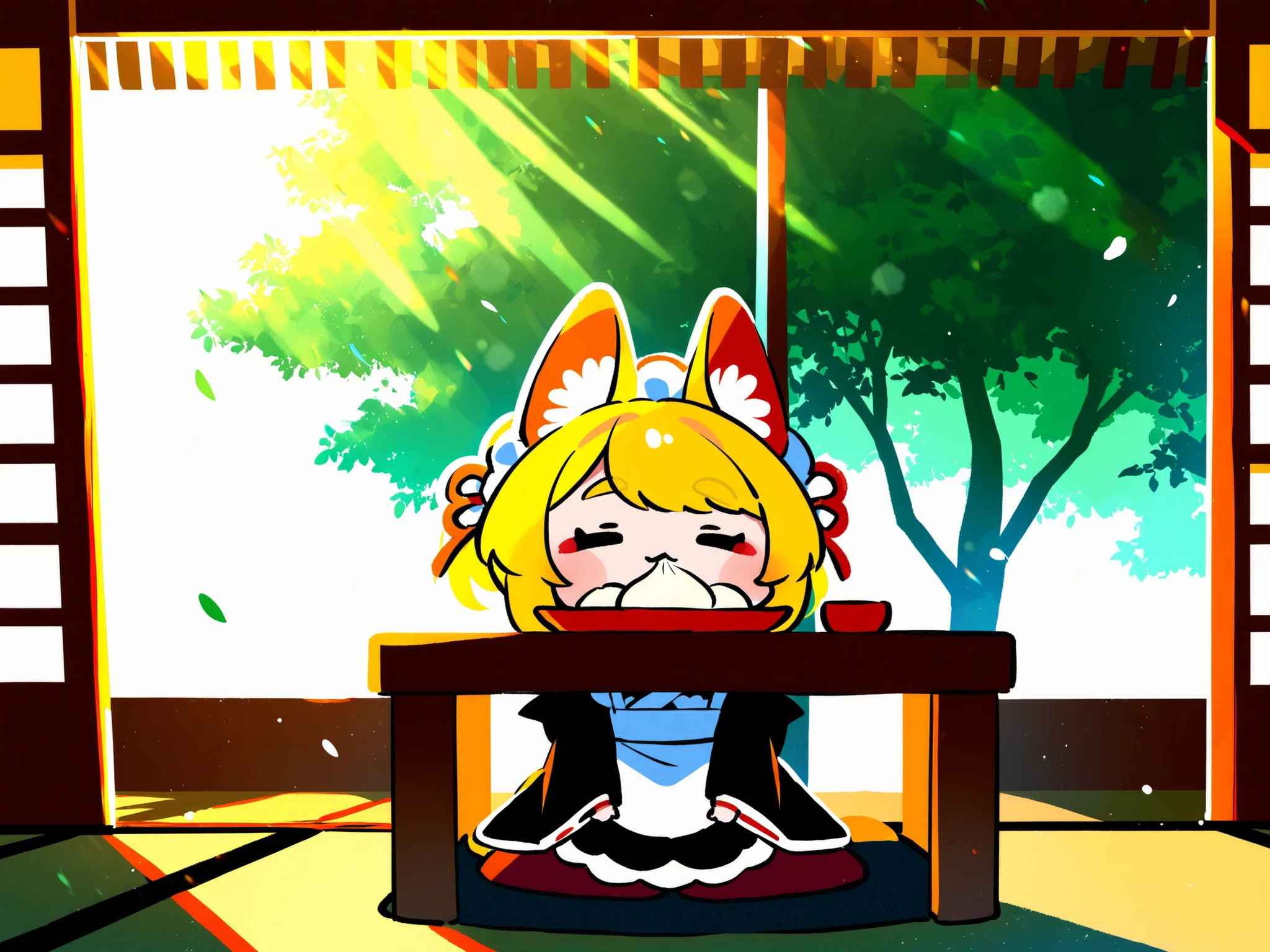 Kemomimi woman, Japanese Style Maid,  sunlight filtering through the trees, dumpling, Teahouse