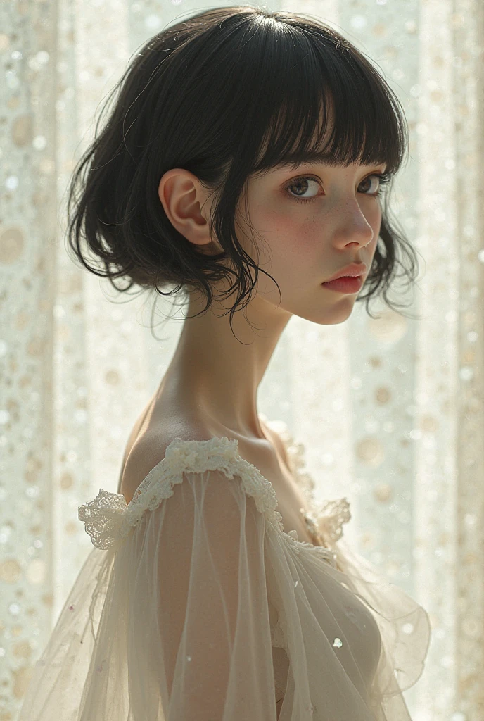 Girl, naked, Skinny body, small bust, short hair, Very curly, very detailed face, ribbon on his neck, standing,