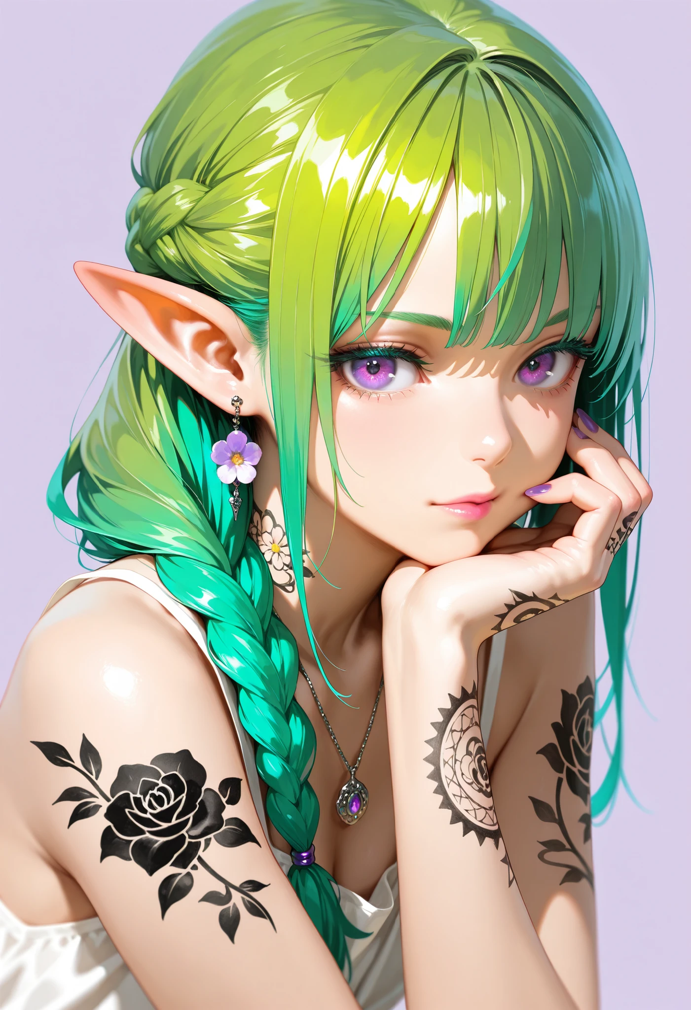 masterpiece,best quality,super high resolution,realistic, 8K Ultra HD ,super detailed,depth of field,alone,1 Girl,watching the audience, bangs,Green Hair,long hair,braid,The hair between the eyebrows,elf ears, Light purple background ,simple background,Purple Eyes,Thick eyelashes,Gentle Gaze,微张双唇,Pink Lips,Jewelry,earrings, necklace,Arm tattoo, Neck Tattoo ,Hand tattoo ,Flower arm tattoo,spot color, summer dress ,bare shoulders,Detailed fabric folds, Elegant posture ,Raise your hand,Purple nails,fingers placed on chin, neutral color ,