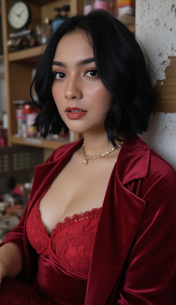 tiro de perto, cute , black hair in two medium ponytails, sultry eyes, intense eye contact, small-nose, Red lips, Orgasmic face, neck, clavicle, dark pink loose t-shirt, bare one shoulder, lying in bed-in, bed-in, bed-inroom, darkness room, a lamp,, in bed-in