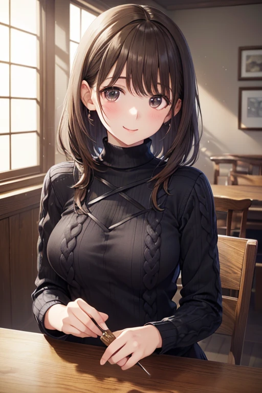(looking away:1.5), masterpiece、top-quality、 A 40-year-old green-eyed woman with wavy lobed brown bangs.、She wears a black off-the-shoulder blouse、(smile:1.3)、sitting on、The background is a restaurant、sitting on、Bold composition、Upper body is shown、Alone、