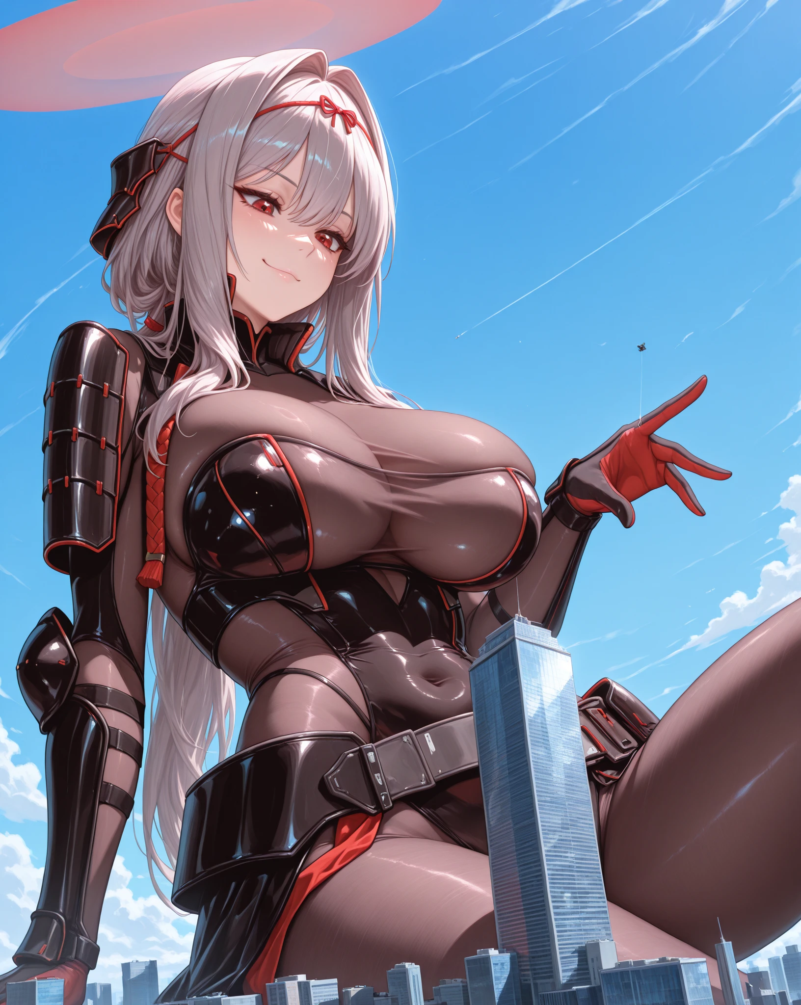 mecha musime, white hair, red eye, big breast, sexy clothes, mecha suit, futanari, milking, big penis, open breasts, nipple, underboob