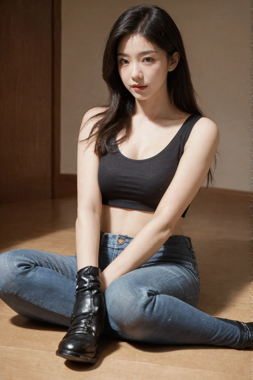 A woman in jeans with her legs open