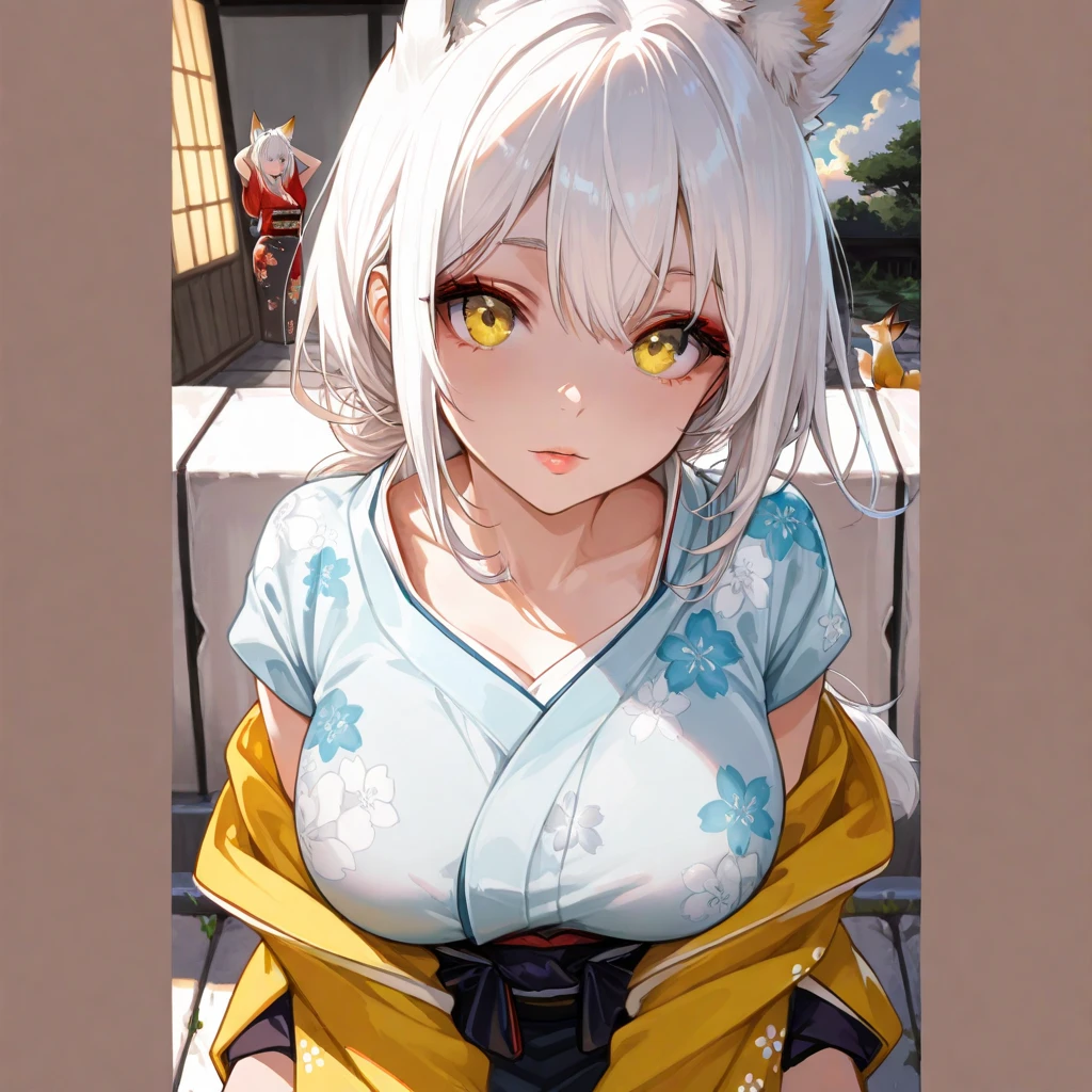 beautfull woman, tanned, short white hair, yellow  eyes, Bust Big, yellow kimono,  seductive expression, muscled body, Feudal Japan, high qualiy
