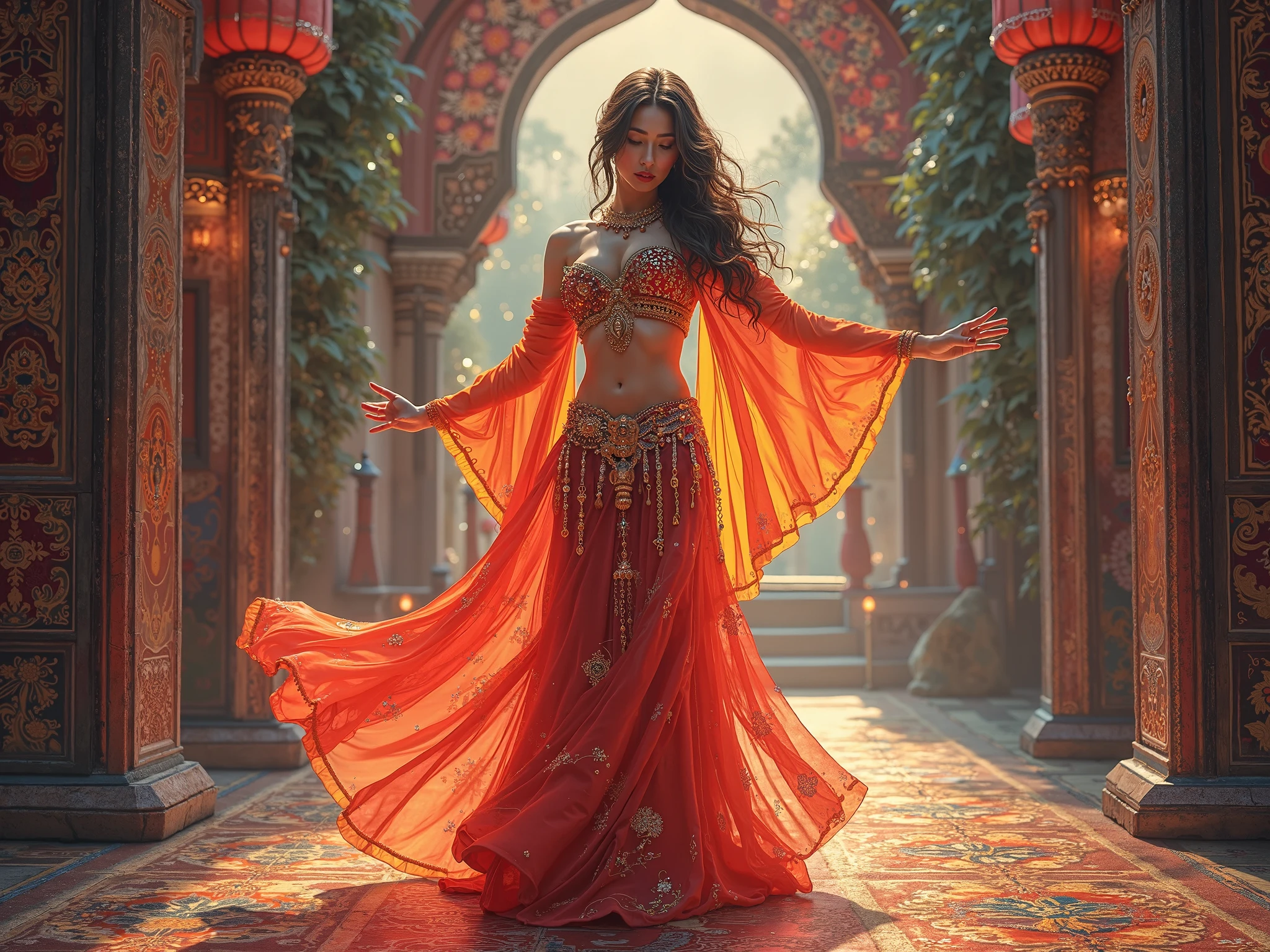 Beautiful girl with wavy long hair, long Chinese royal dress is painted rainbow colors, short hight, big smile, big boob, long running through on walkways to me, background is realistic colourfully 