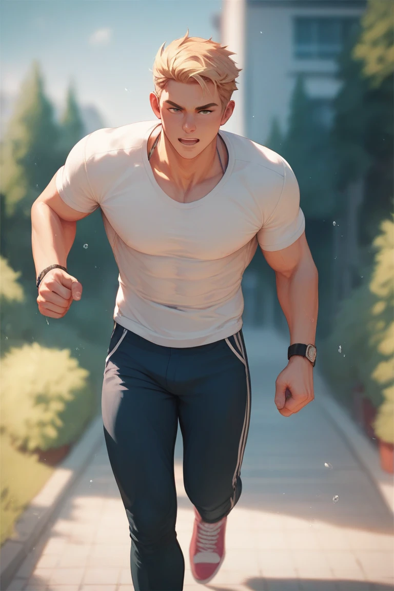 solo man with freckles and Brown Bob cut , Muscular, Looking at viewer, arms at side,  walking, Crawling, during daytime, Utopian setting and clothing, park, (ultra detailed, masterpiece, best quality, absurdres)