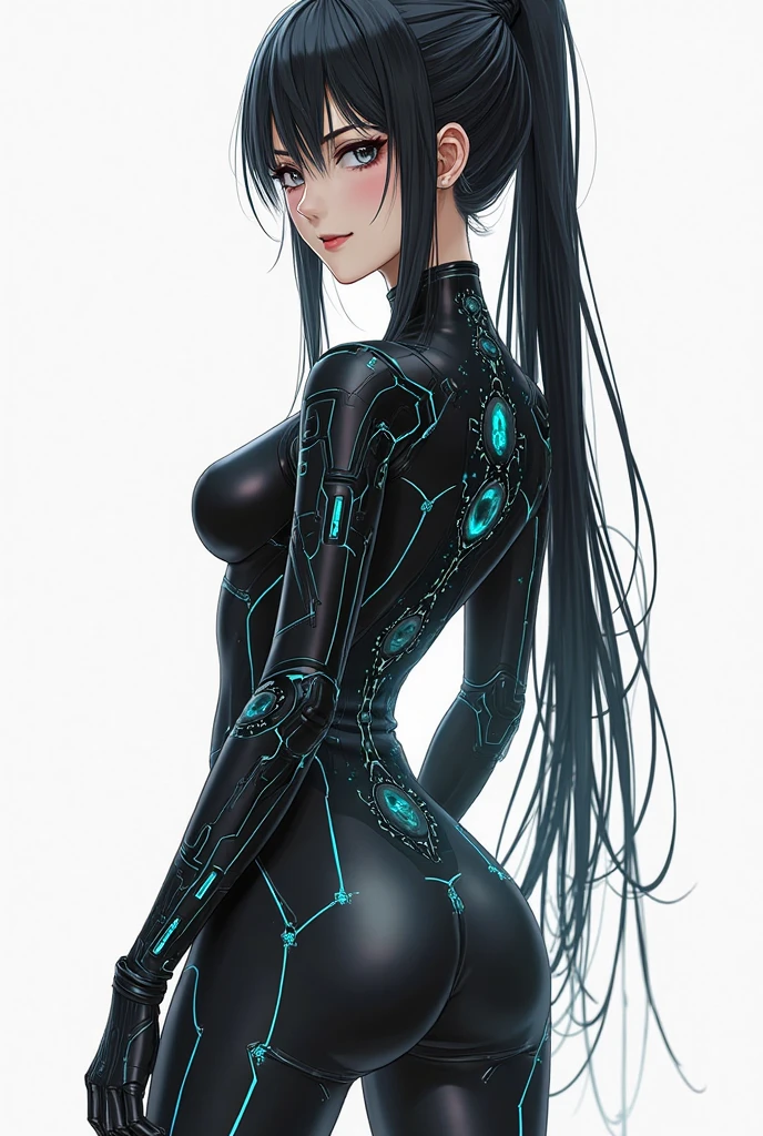 "Two-dimensional painting, girl, black hair, long flowing hair, green deep eyes, gentle smile, wearing black full-body tights supplemented by the main green, Evangelion, sister Fan, beautiful picture, best shadow, best picture quality, best light, rich detail, high resolution, masterpiece."