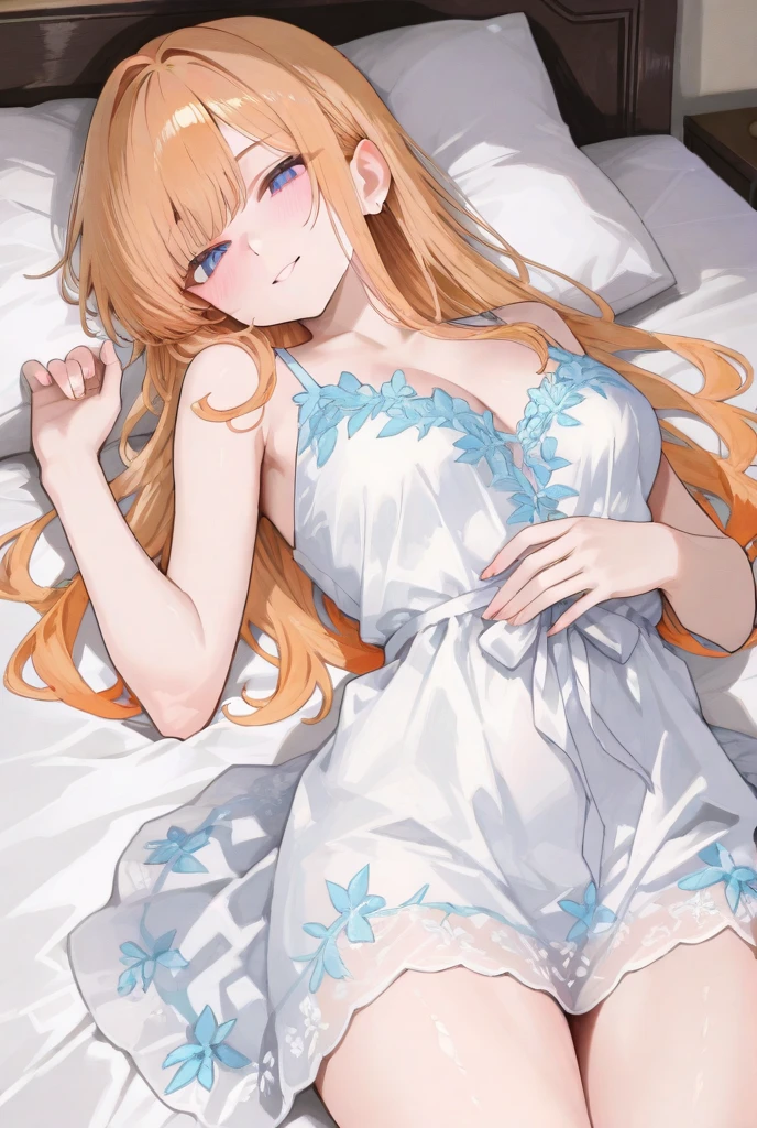 Masterpiece, Best Quality, Official Art, (Highly Detailed CG Unity 8k wallpaper), Detailed background, (Hands by Guido Daniele: 1.1), Feet out of frame, First person perspective, 1, Beautiful woman who is attractive and perfect, Lying on her back on the bed, (curvaceous), ((((Wake up: 1.14))), (Nightgown, underwear, white thighs: 1.12), (Long orange hair: 1.12) (Ahoge: 1.13), (High ponytail: 1.12), (brown eyes: 1.13), Look at the viewer, big, ((cleavage)), beautiful face, (Blush: 1.11), (Smile: 1.11)