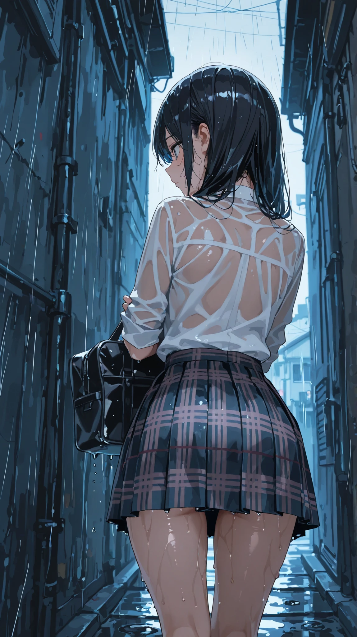 Rainy Back Alley, female, Plaid Skirt, Wet