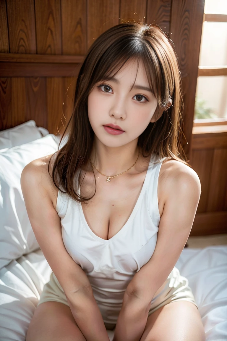 Suits,a bed,(8K, Raw photo:1.2)Detailed face and eyes,Best Quality, 超A high resolution, Highly detailed ,intricate detailes ,masutepiece ,Cute Girl , Soft cinematic light, Hyper-detailing,Sharp Focus, High quality, (Panties:1.1), Half-taken panties, NSFW, Hands are touching the buttocks