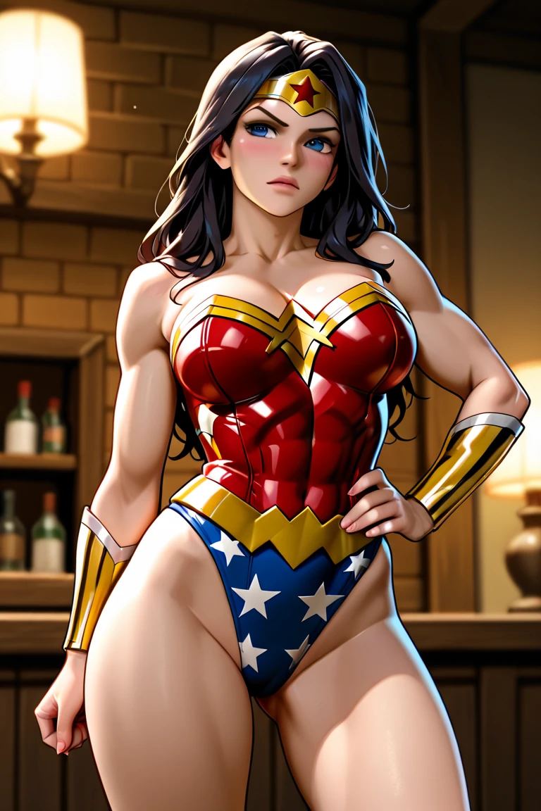 Itsuki Shima. Here's an ultra-realistic image of the brunette Wonder Woman, non-sensual, with non-bulky breasts, fazendo o auto-exame de mama no contexto da campanha do Outubro Rosa. She is showing the importance of self-examination and breast cancer awareness. Junto, We can fight this disease