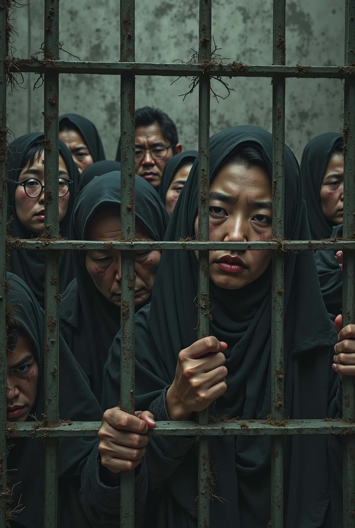 A beautiful white Asian girl wearing a long black hijab without clothes had both her arms hung up With rope And hanged by several old men so that she looked very tormented and Fatigue